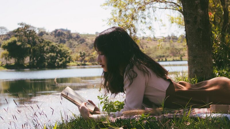 Frau, Natur, Buch, Wasser, lesen