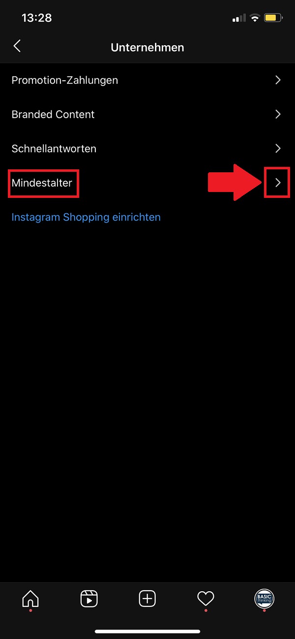 Instagram, Instagram-Einstellungen, Instagram-Mindestalter festlegen