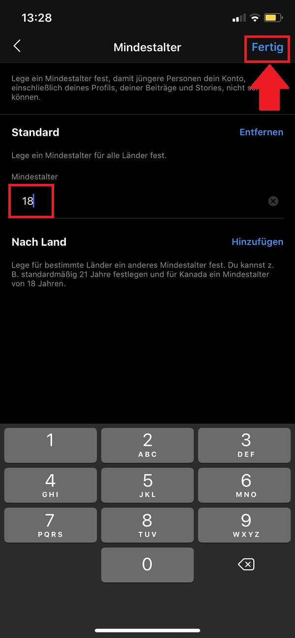Instagram, Instagram-Einstellungen, Instagram-Mindestalter festlegen