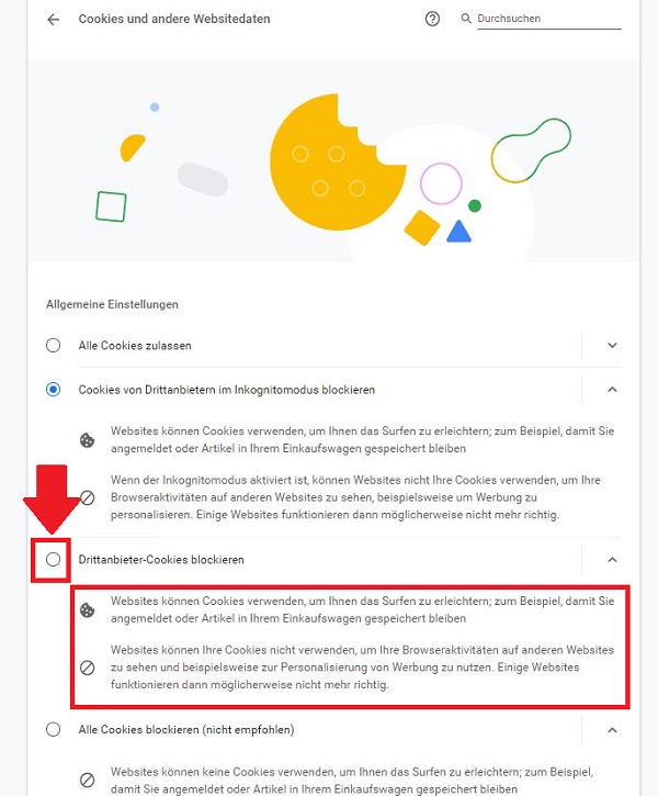 Cookies blockieren, Drittanbieter-Cookies blockieren, Third Party Cookies blockieren