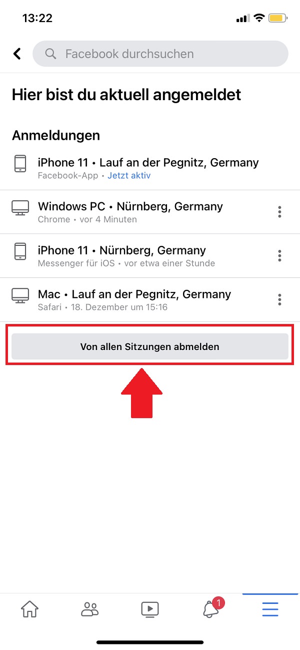 Facebook, Facebook auf allen Geräten abmelden, Facebook von allen Geräten abmelden
