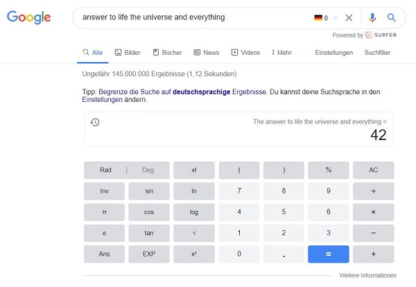 Die Antwort auf alles, Die Antwort auf den Sinn des Lebens., Google Easter Eggs