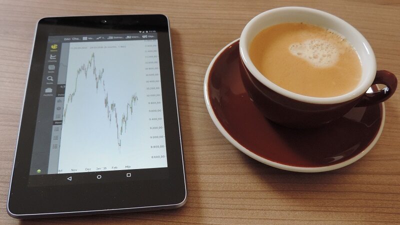 Börse, Aktien, Handeln, Schreibtisch, Kaffee