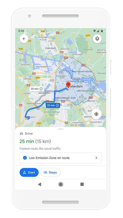 Google Maps, umweltfreundlichste Strecke