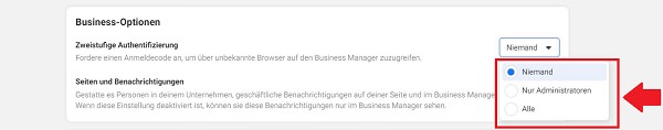 Facebook Business Manager Zwei-Faktor-Authentifizierung aktivieren, 2FA