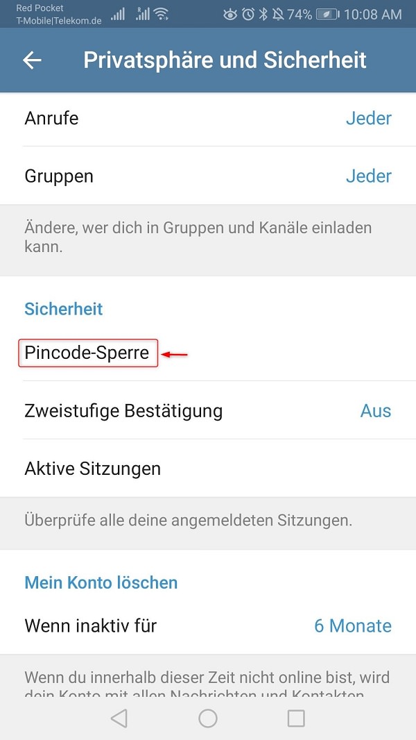 Pincode-Sperre bei Telegram einrichten, Telegram Pin Code, Telegram Pin vergessen