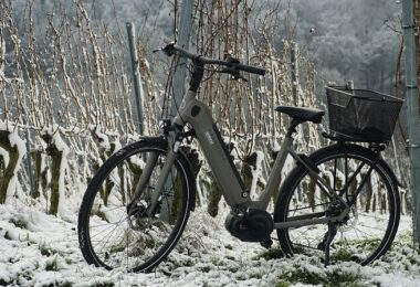 E-Bike im Winter, Schnee, Fahrrad, Wald