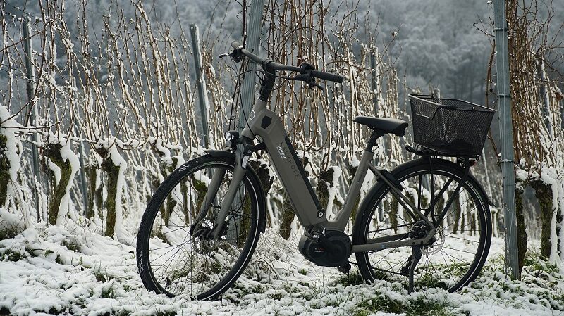 E-Bike im Winter, Schnee, Fahrrad, Wald