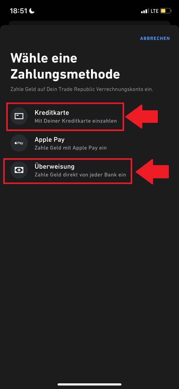 Trade Republic Geld einzahlen Kreditkarte, Trade Republic Geld einzahlen Überweisung, Trade Republic Verrechnungskonto