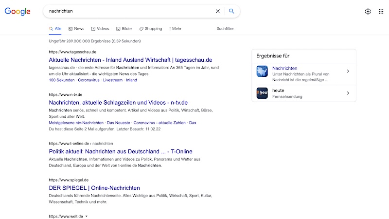 Google, Suchergebnisse 