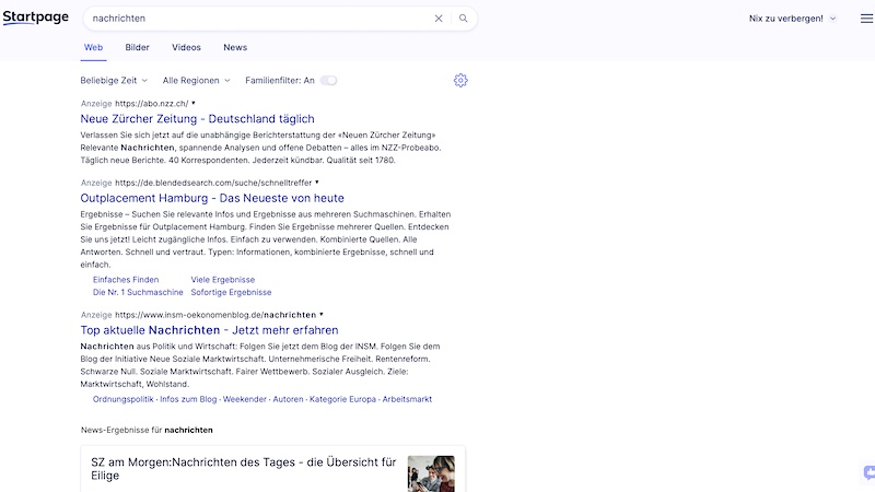 Startpage, Suchergebnisse