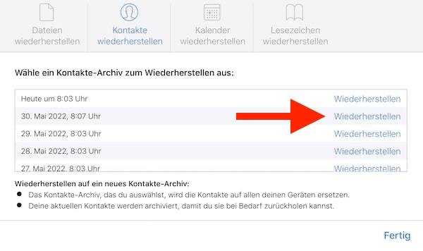 iPhone, iCloud, Kontakte wiederherstellen