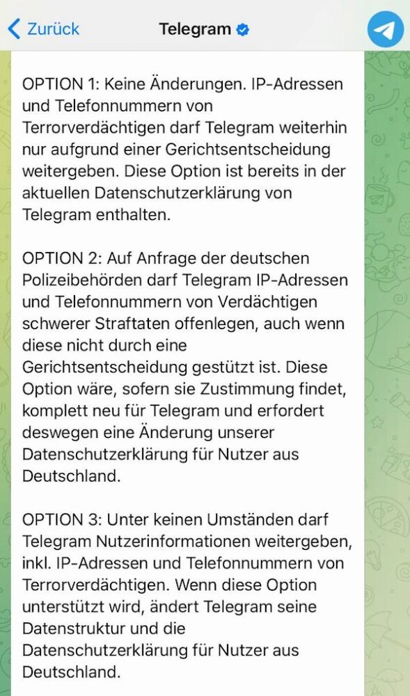 Telegram, Umfrage bei Telegram, Datenweitergabe