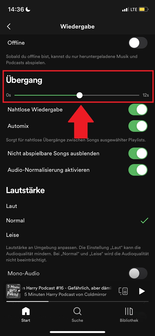 Spotify Übergang einstellen, Spotify Einstellungen