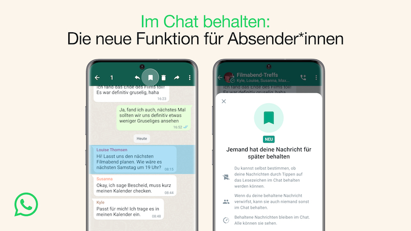 WhatsApp, WhatsApp Nachrichten behalten, im Chat behalten, selbstlöschende Nachrichten