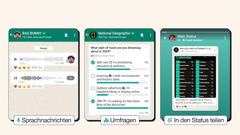 WhatsApp-Kanäle Sprachnachrichten Status teilen Umfragen, Whatsapp, Whatsapp Channels, Umfragen, Status teilen, Sprach-Updates