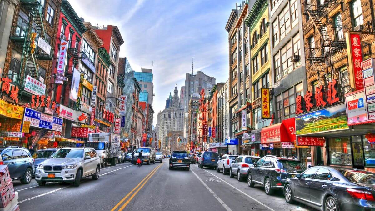 meistbesuchten Länder, New York, Chinatown, Straße, Autos, Geschäfte