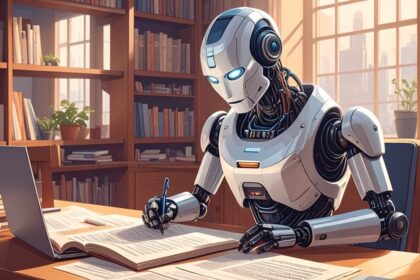 Ein Roboter schreibt liest einen journalistischen Text.
