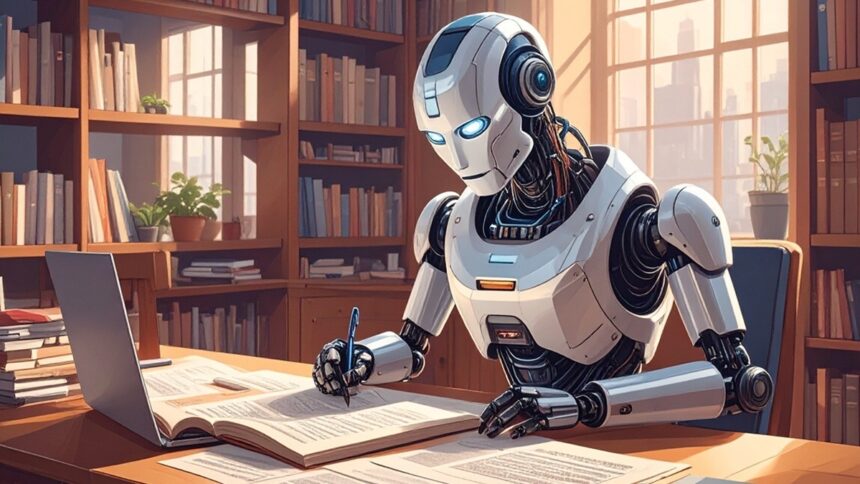 Ein Roboter schreibt liest einen journalistischen Text.