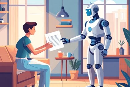 Ein KI-Roboter übergibt einem Menschen eine Anleitung.