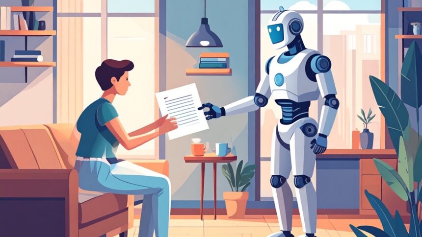 Ein KI-Roboter übergibt einem Menschen eine Anleitung.