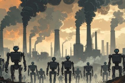 Eine Horde an Robotern vor rauchenden Fabrikschloten als SInnbild für das Umweltsünder-Image von KI.