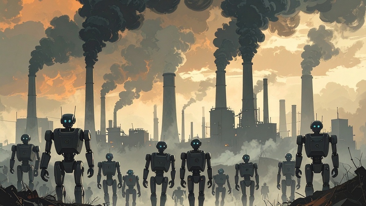 Eine Horde an Robotern vor rauchenden Fabrikschloten als SInnbild für das Umweltsünder-Image von KI.