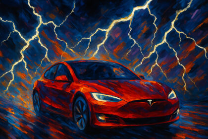 Ein Tesla fährt durch ein Gewitter.