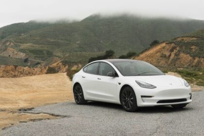 Tesla Model 3 Straße Berg Auto vegan