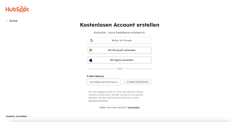 Die Anmeldung bei HubSpot dauert nur wenige Minuten