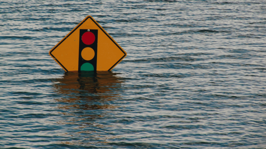 Schild Verkehr Ampel Meer Wasser Klimawandel Überschwemmung