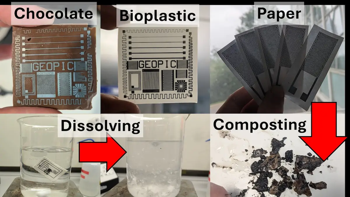 Kompostierbare Schaltkreise Leiterbahnen auf Schokolade