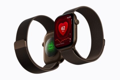 Die Apple Watch Series 12 mit braunem Armband.