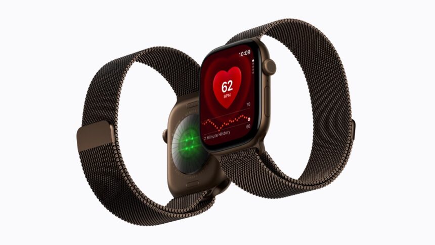 Die Apple Watch Series 12 mit braunem Armband.