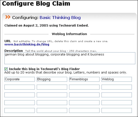 Technorati Blog Finder Konfiguration 2